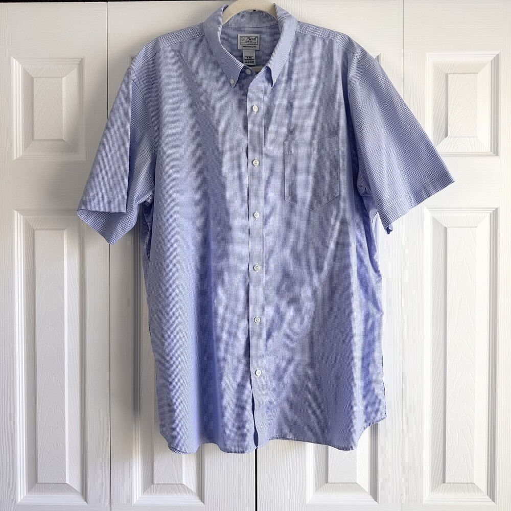 L.L. Bean Mens XL Blue Check Short Sleeve Button Front Shirt Cotton Traditional